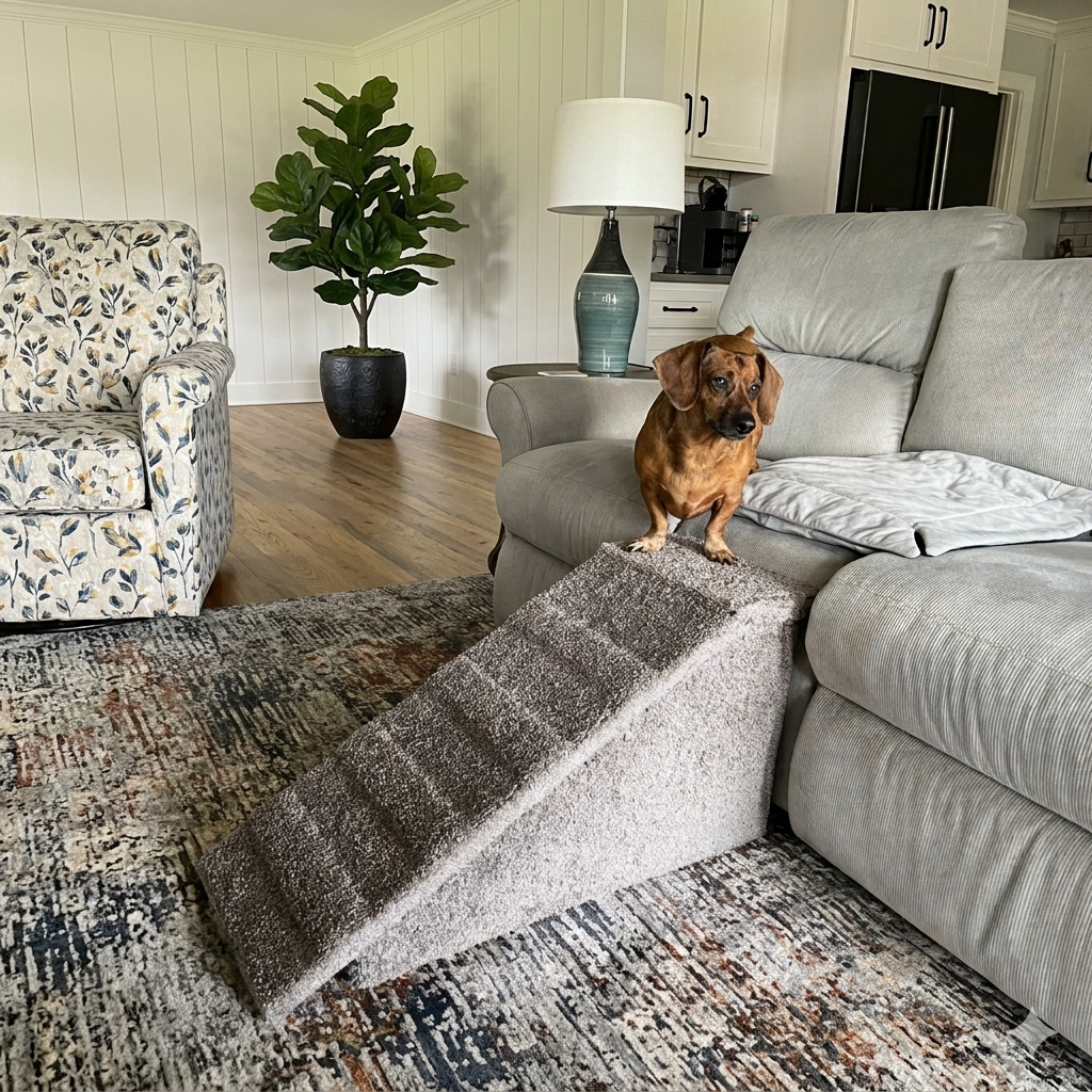 Dachshund on a wooden dog ramp next to a couch