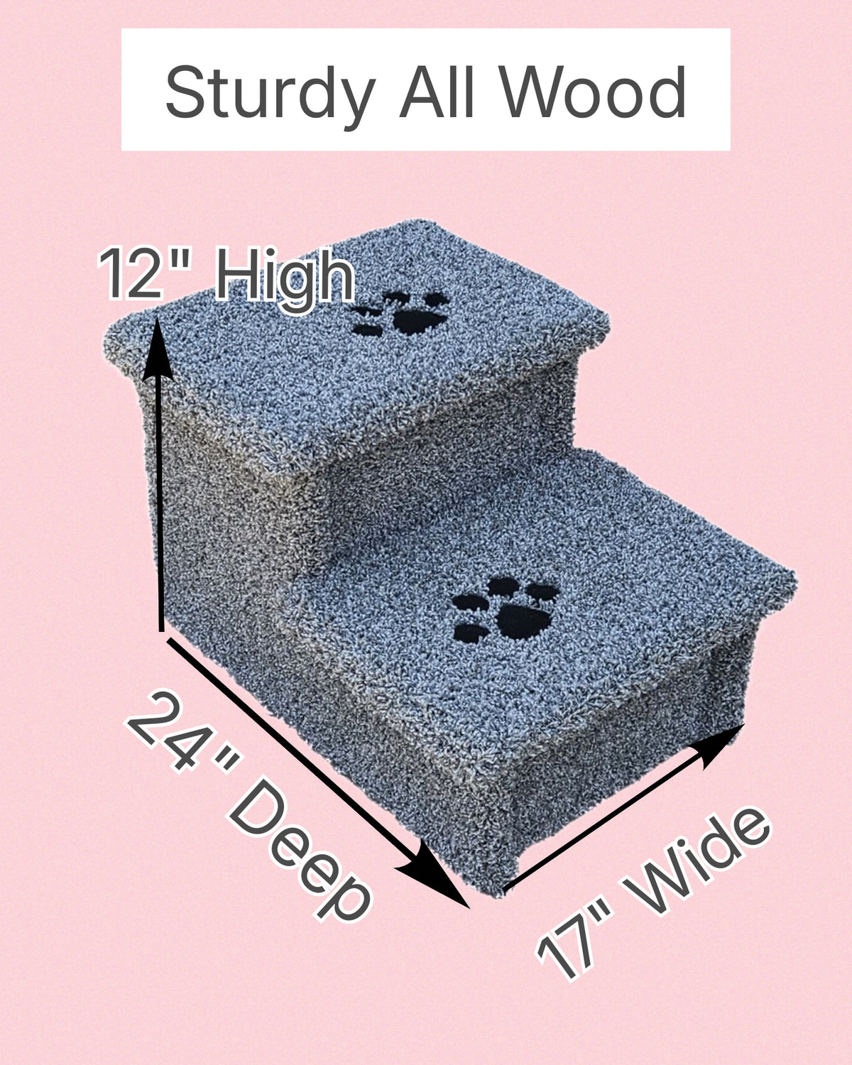 12” Heavy Duty Wooden Pet Stairs for Sofas, Vehicles & Low-Profile Beds – 2-Step Dog Steps for Pets up to 100 lbs