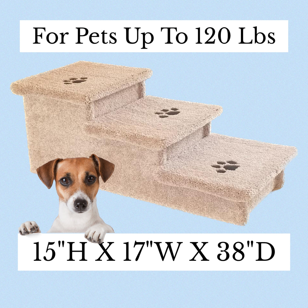 15” Heavy Duty Wooden Dog Stairs for Beds, Couches & Cars | 3-Step Pet Stairs for Dogs up to 120 lbs