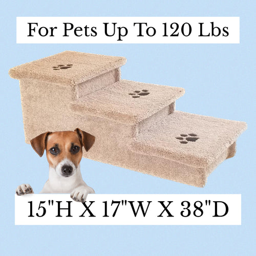 15” Heavy Duty Wooden Dog Stairs for Beds, Couches & Cars | 3-Step Pet Stairs for Dogs up to 120 lbs