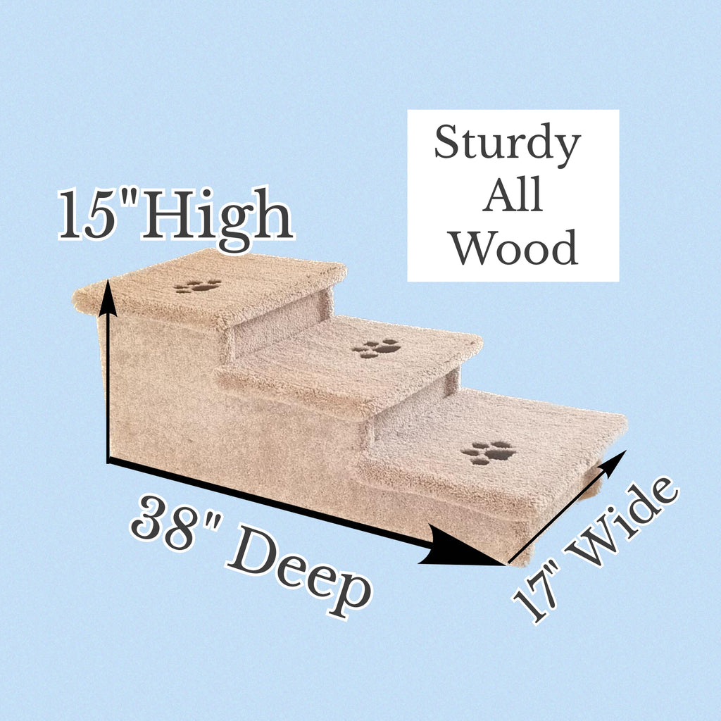 15” Heavy Duty Wooden Dog Stairs for Beds, Couches & Cars | 3-Step Pet Stairs for Dogs up to 120 lbs