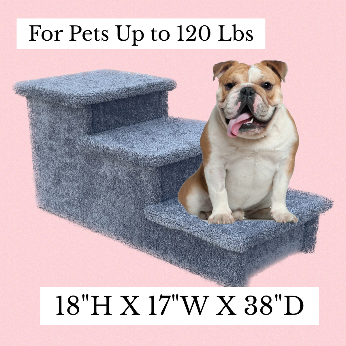 18” Heavy Duty Wooden Dog Stairs for Beds, Couches & Cars | 3-Step Pet Stairs for Dogs up to 120 lbs