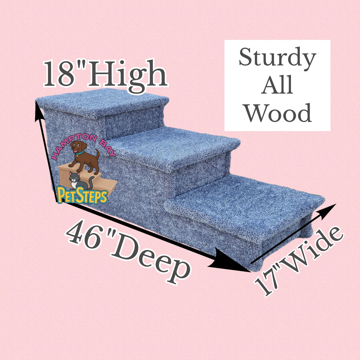 18” Extra-Deep Heavy Duty Wooden Dog Stairs for Beds, Couches & Cars | 3-Step Pet Stairs for Dogs up to 150 lbs