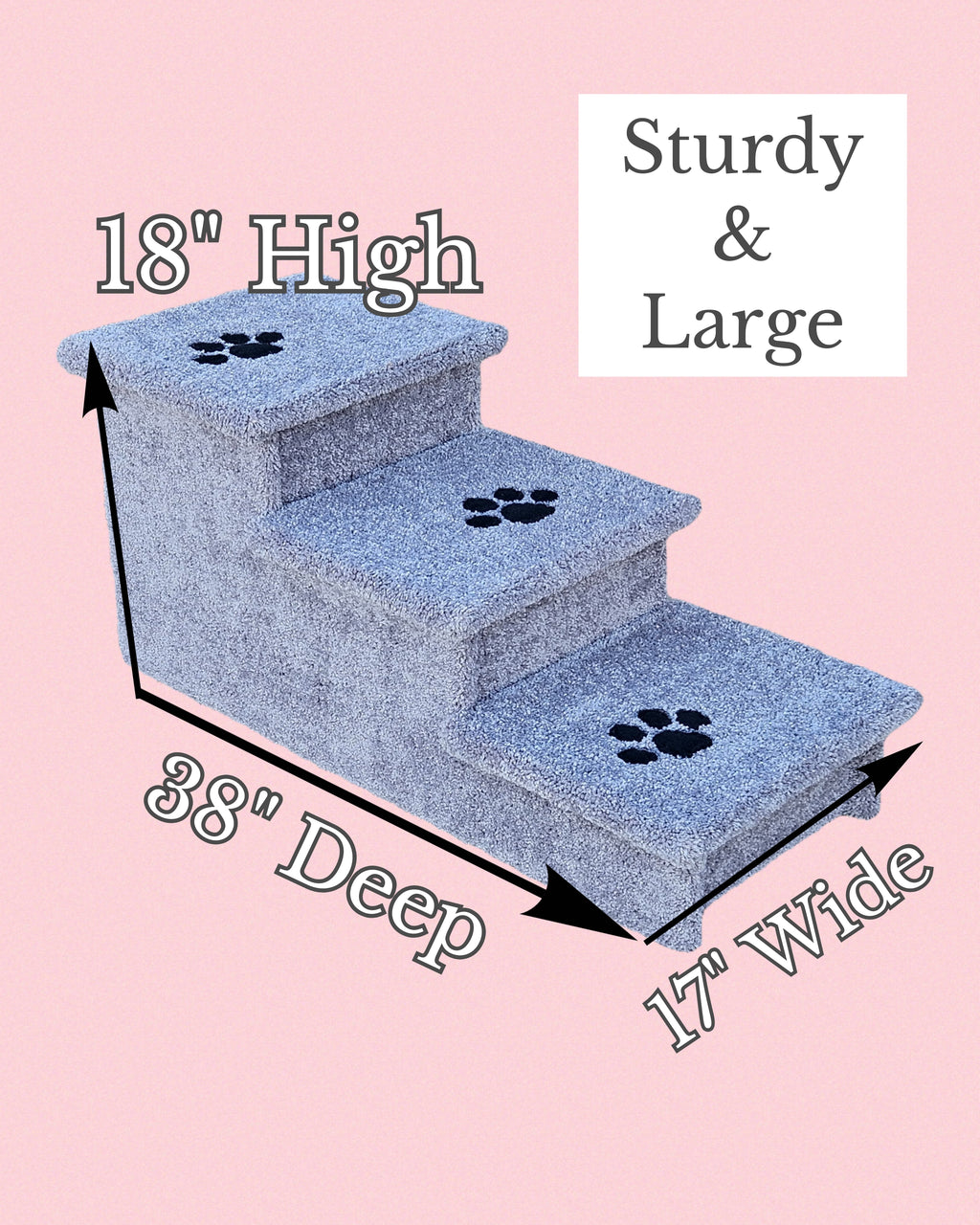 18” Heavy Duty Wooden Dog Stairs for Beds, Couches & Cars | 3-Step Pet Stairs for Dogs up to 120 lbs