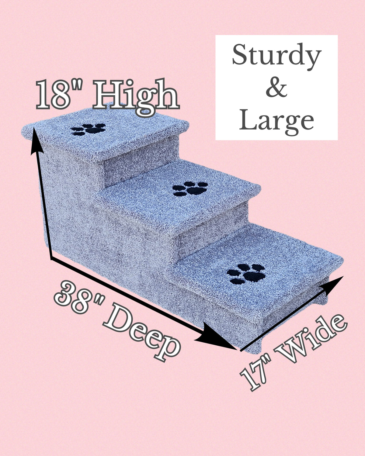 18” Heavy Duty Wooden Dog Stairs for Beds, Couches & Cars | 3-Step Pet Stairs for Dogs up to 120 lbs