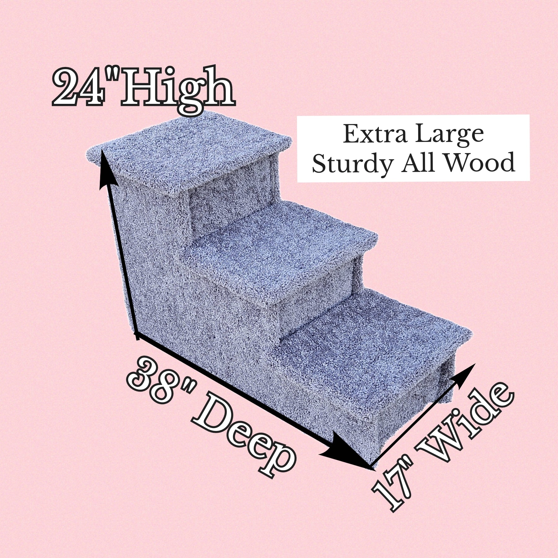 24” Heavy Duty Wooden Dog Stairs for Beds, Couches & Cars | 3-Step Pet Stairs for Dogs up to 150 lbs