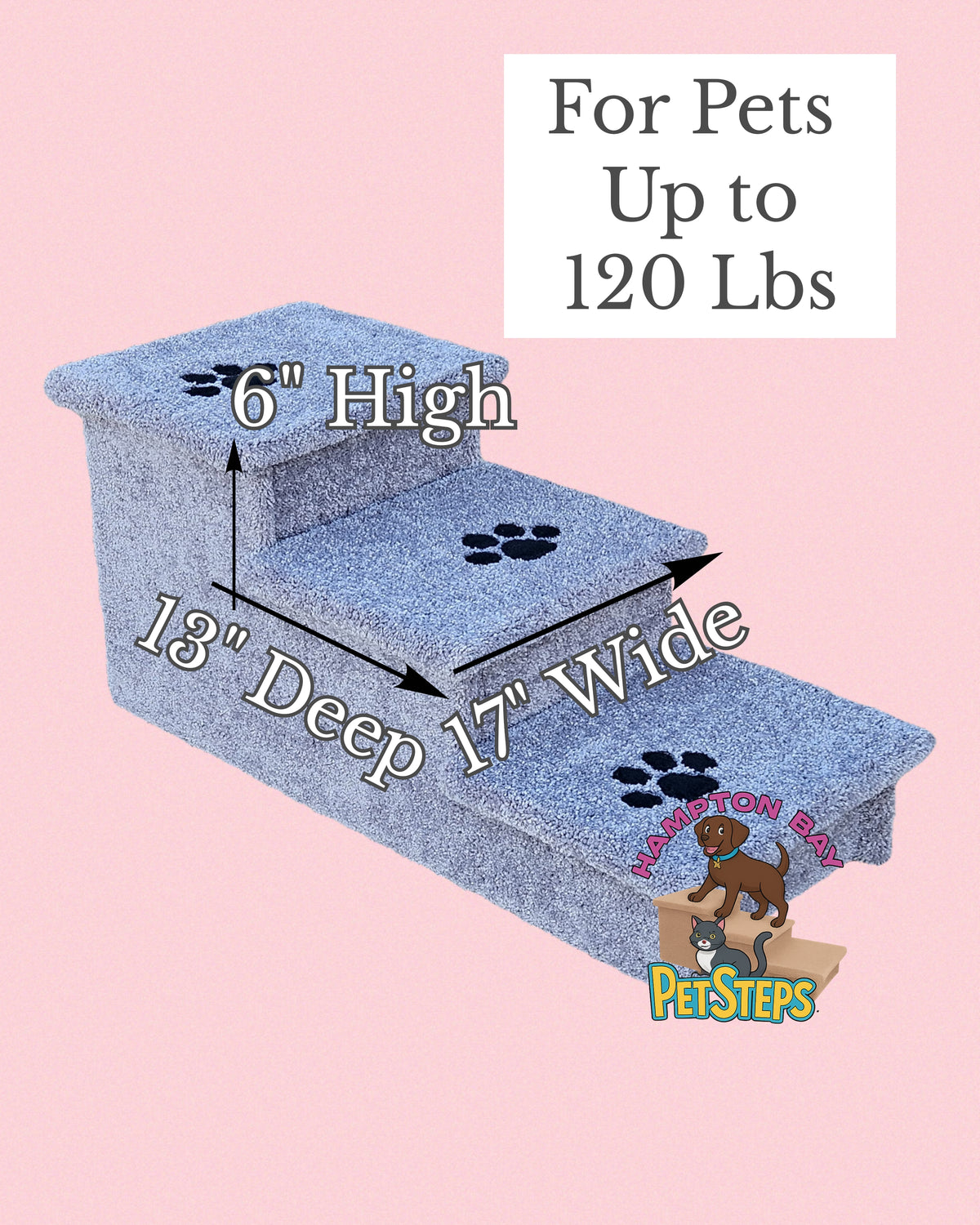 18” Heavy Duty Wooden Dog Stairs for Beds, Couches & Cars | 3-Step Pet Stairs for Dogs up to 120 lbs