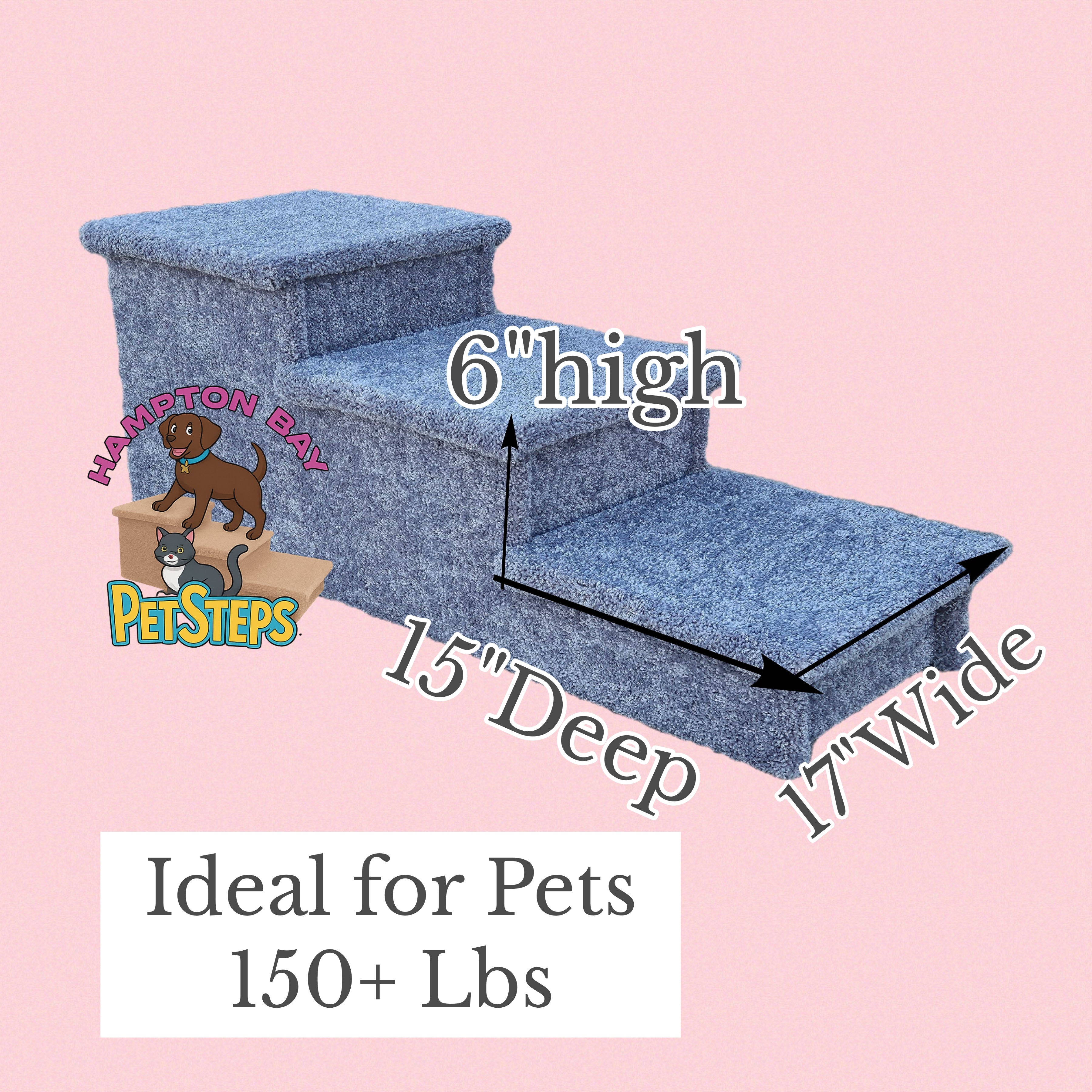 18” Extra-Deep Heavy Duty Wooden Dog Stairs for Beds, Couches & Cars | 3-Step Pet Stairs for Dogs up to 150 lbs