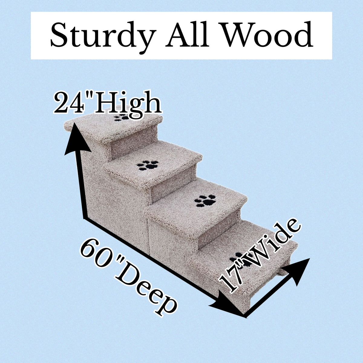 24” Heavy Duty Wooden Pet Stairs for Tall Beds & Couches – 4-Step Dog Steps for Pets up to 200 lbs